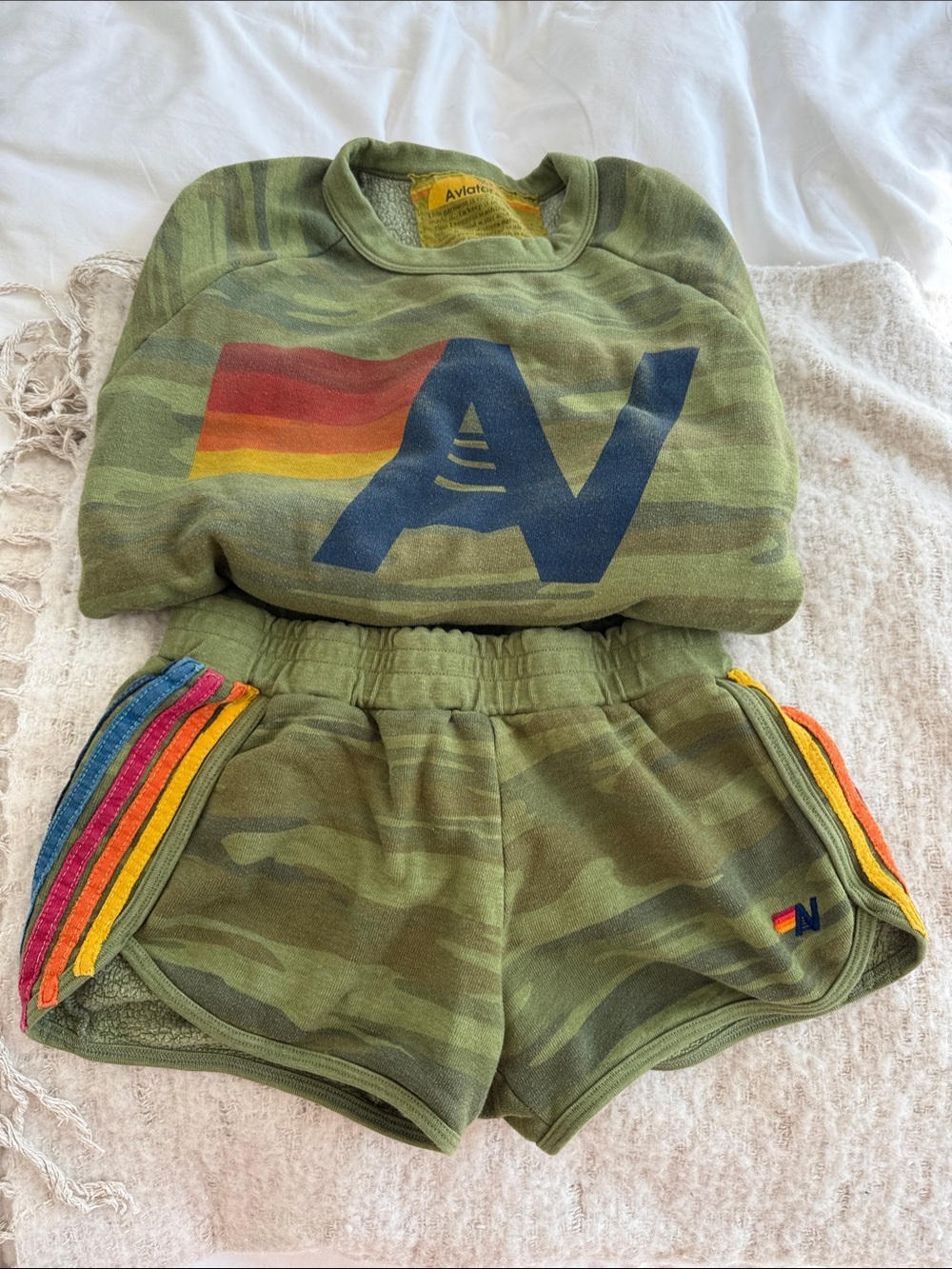 Aviator Nation Olive Green Camo Logo Sweatshirt & Rainbow Trim Shorts